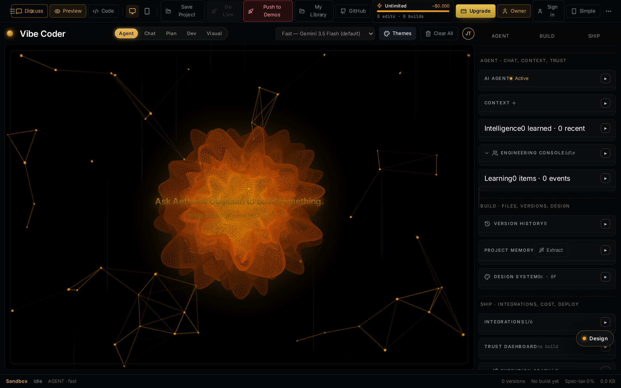 Obsidian Vibe workspace: left tool rail, live sandbox canvas, and right agent panel