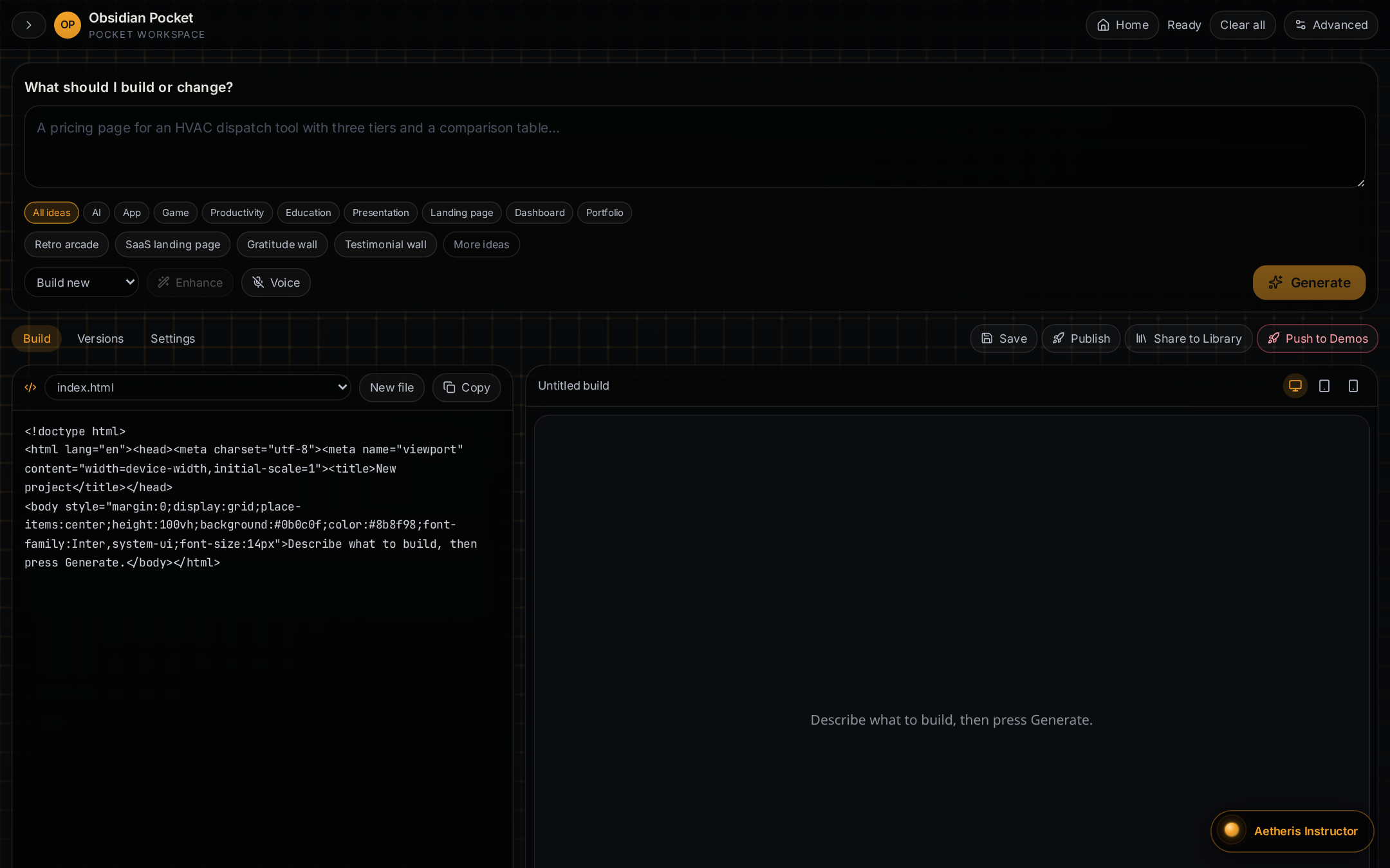 Obsidian Pocket workspace: single prompt box with code and live preview side by side